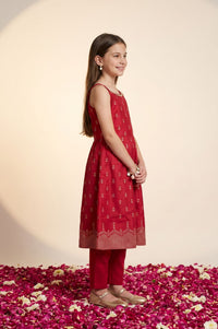 Red Foil Printed A-line Kurta with Jacket and Trousers Set