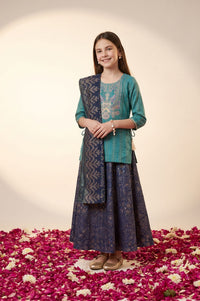 Teal Sequins Thread Embroidered Straight Top with Skirt and Dupatta Set