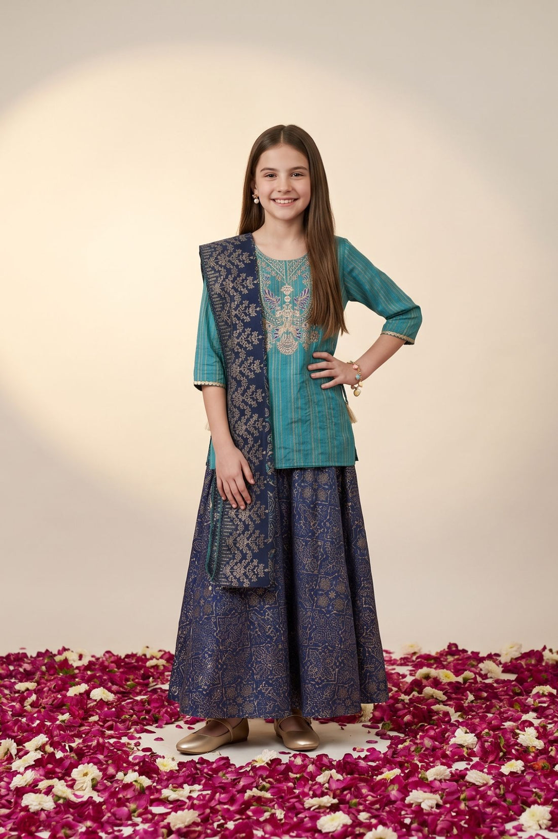 Teal Sequins Thread Embroidered Straight Top with Skirt and Dupatta Set