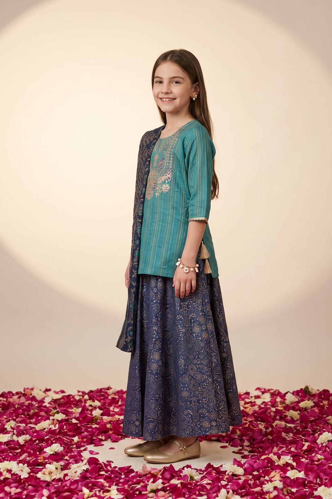Teal Sequins Thread Embroidered Straight Top with Skirt and Dupatta Set