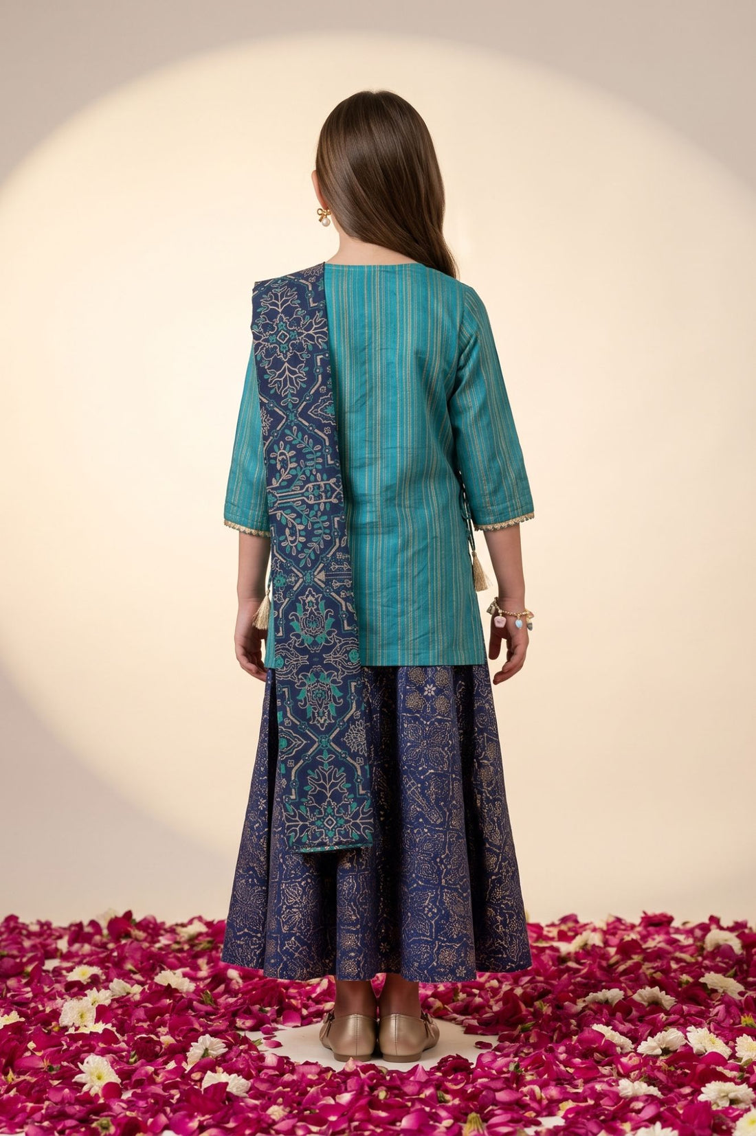 Teal Sequins Thread Embroidered Straight Top with Skirt and Dupatta Set
