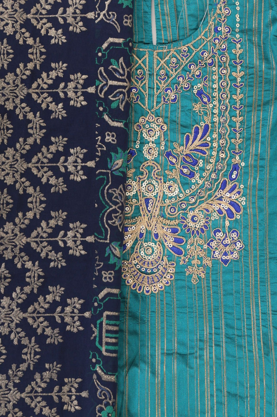 Teal Sequins Thread Embroidered Straight Top with Skirt and Dupatta Set