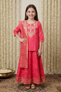 Pink Zari Embroidered Sequins Straight Top with Skirt and Dupatta Set