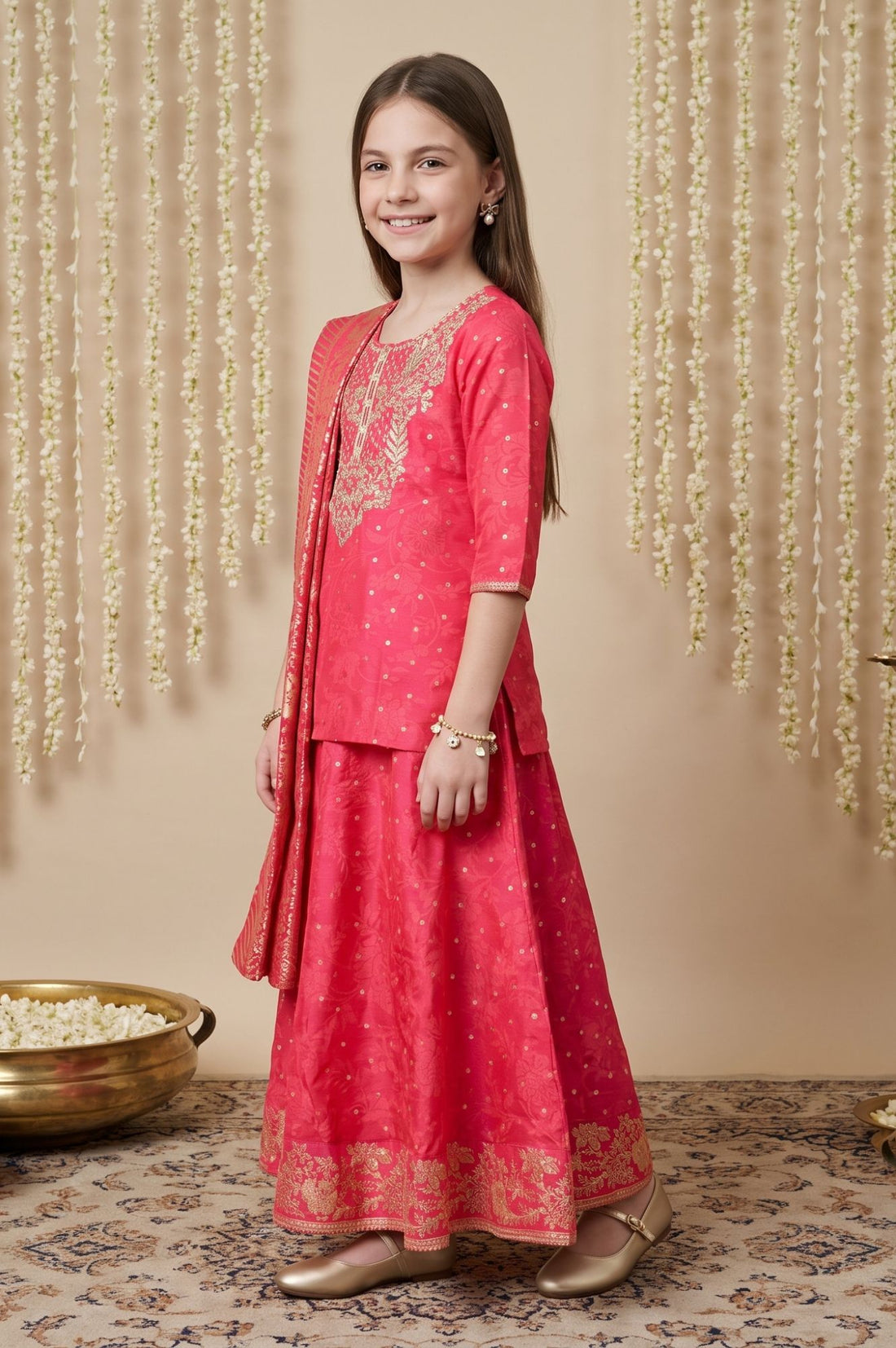 Pink Zari Embroidered Sequins Straight Top with Skirt and Dupatta Set