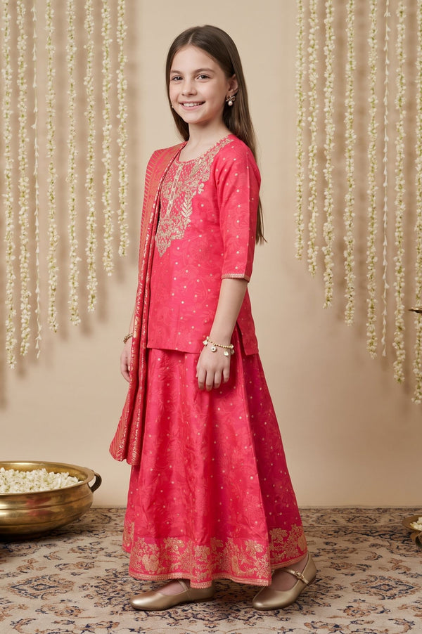 Pink Zari Embroidered Sequins Straight Top with Skirt and Dupatta Set