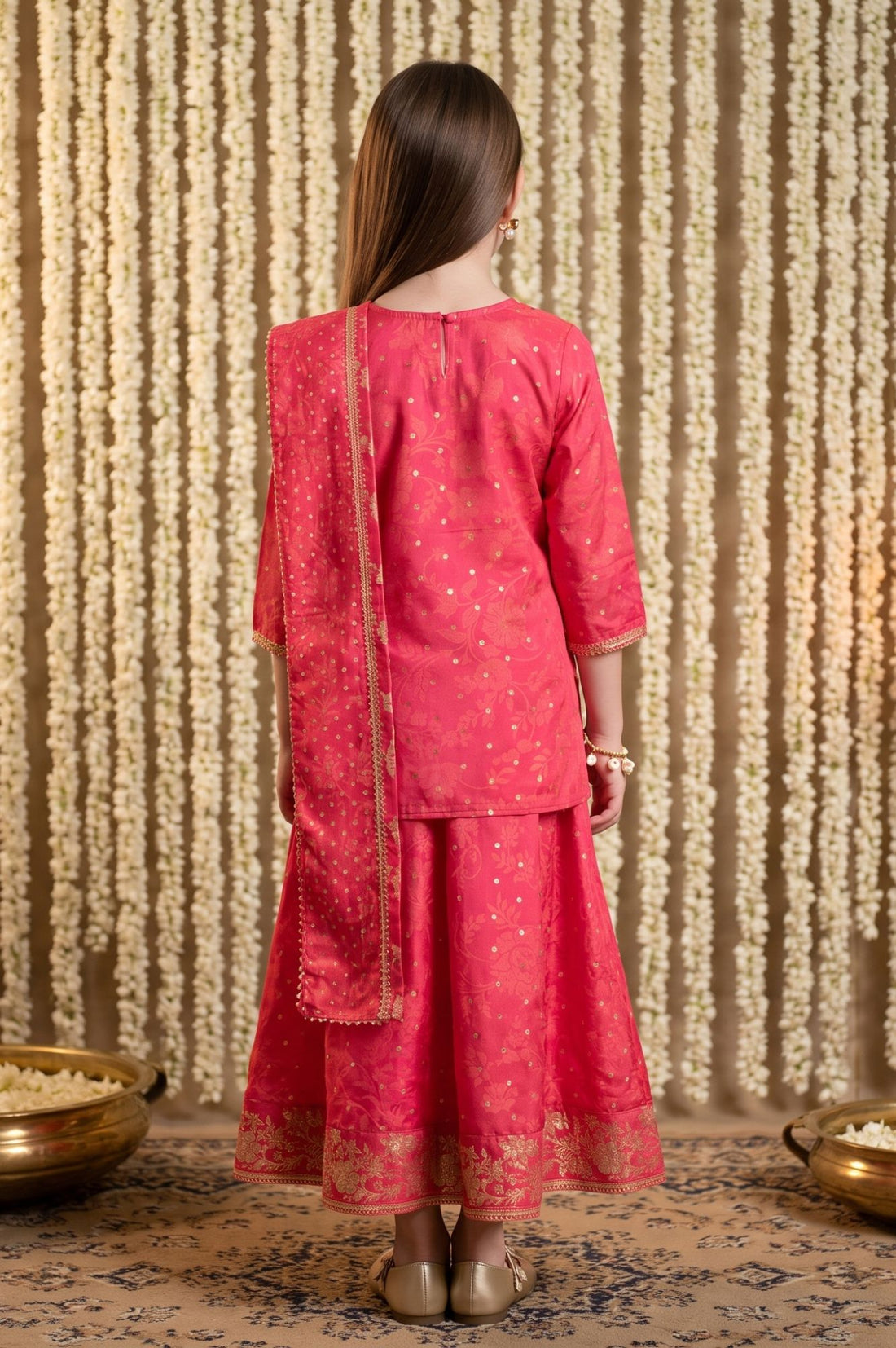 Pink Zari Embroidered Sequins Straight Top with Skirt and Dupatta Set