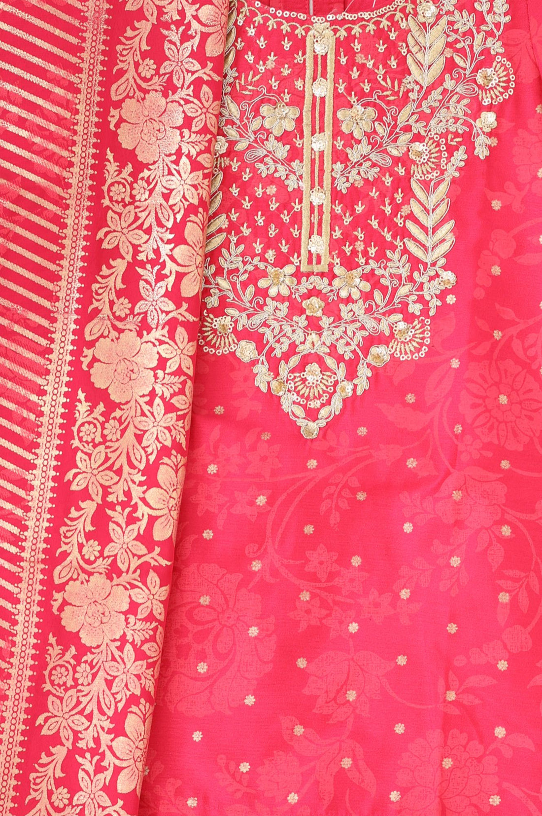 Pink Zari Embroidered Sequins Straight Top with Skirt and Dupatta Set
