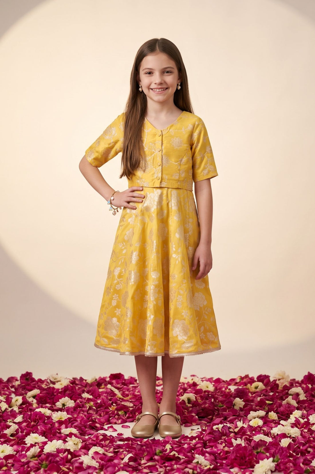 Yellow Thread Embroidered Sleeveless Flared Dress with Jacket Set