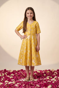Yellow Thread Embroidered Sleeveless Flared Dress with Jacket Set