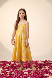 Yellow Thread Embroidered Sleeveless Flared Dress with Jacket Set