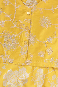 Yellow Thread Embroidered Sleeveless Flared Dress with Jacket Set
