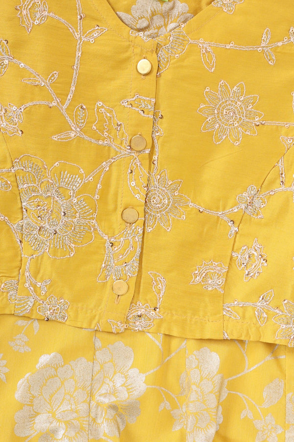 Yellow Thread Embroidered Sleeveless Flared Dress with Jacket Set