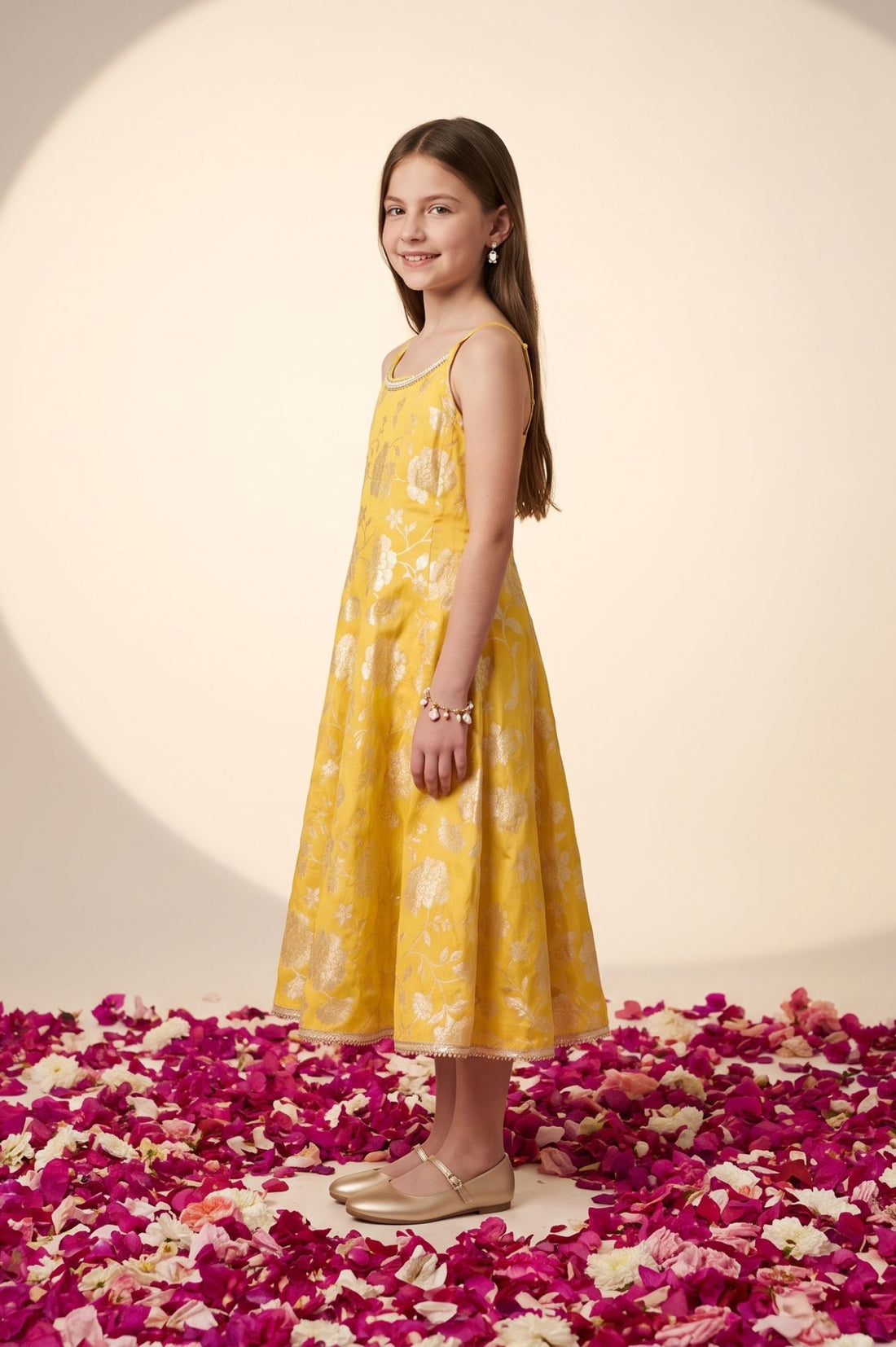 Yellow Thread Embroidered Sleeveless Flared Dress with Jacket Set