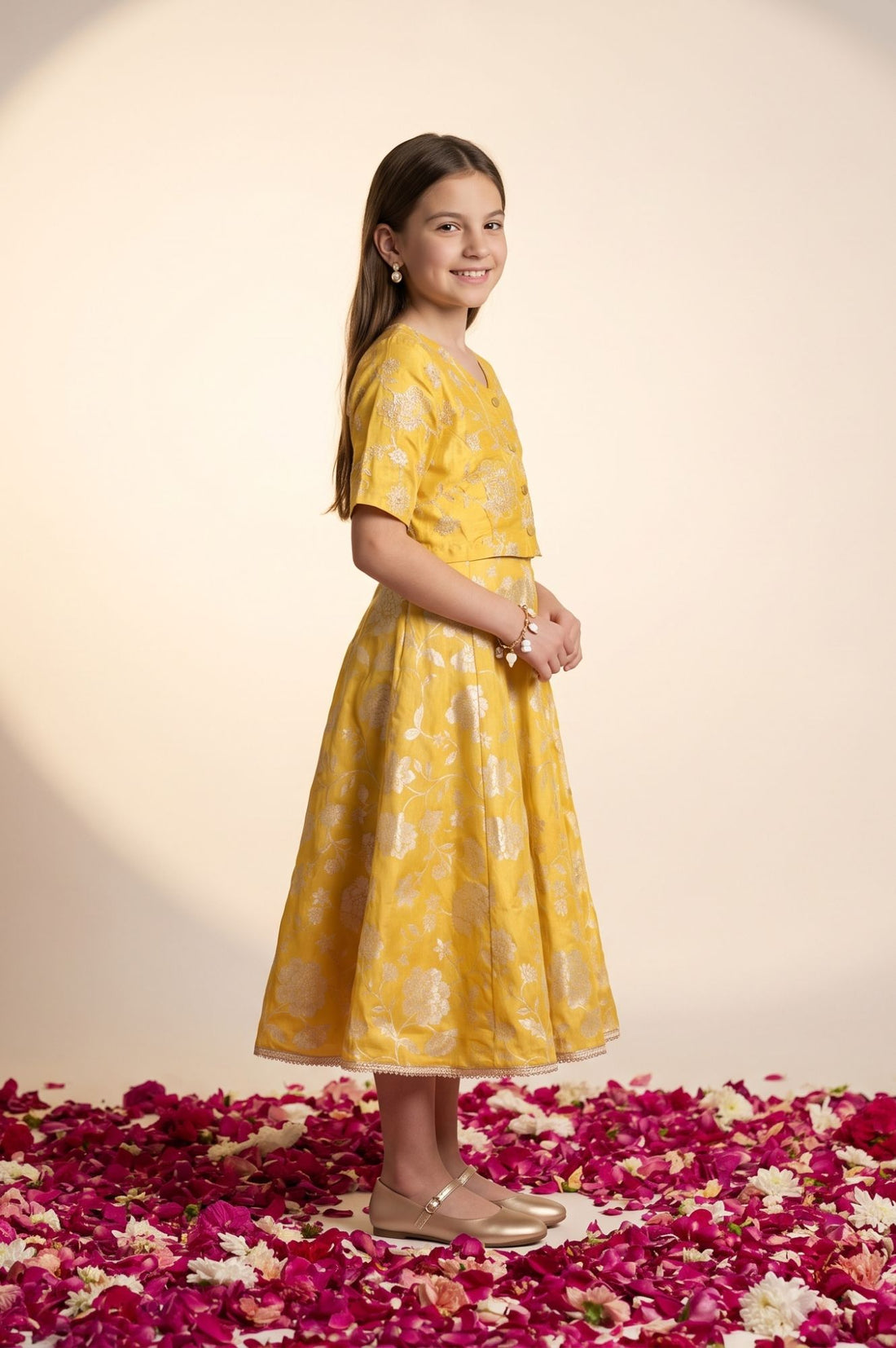 Yellow Thread Embroidered Sleeveless Flared Dress with Jacket Set