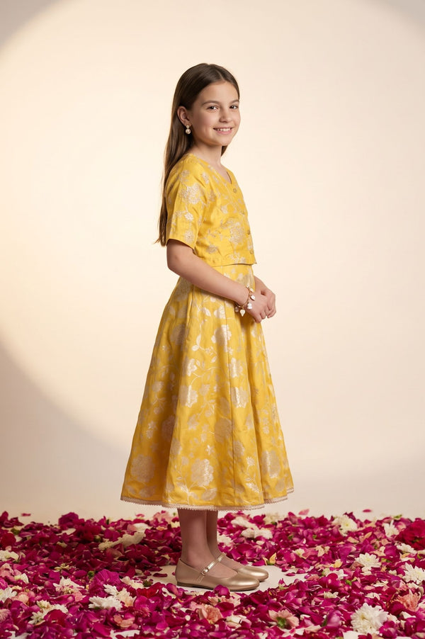 Yellow Thread Embroidered Sleeveless Flared Dress with Jacket Set