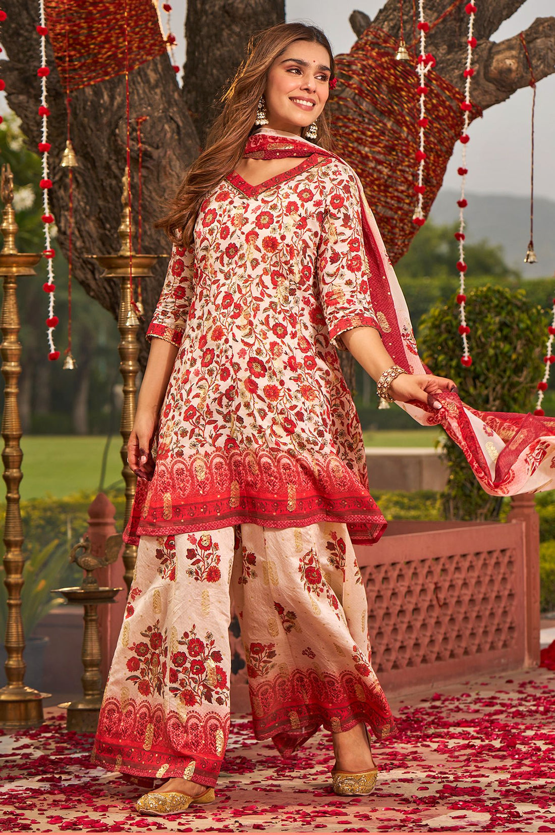 Off White Floral Printed Sequins A-line Kurta with Palazzo and Dupatta Set