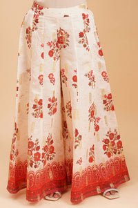 Off White Floral Printed Sequins A-line Kurta with Palazzo and Dupatta Set