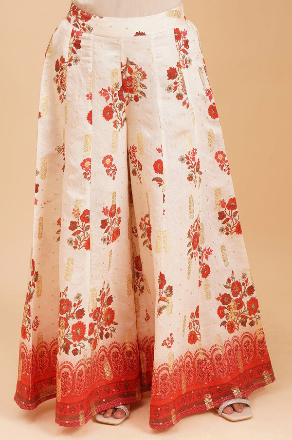 Off White Floral Printed Sequins A-line Kurta with Palazzo and Dupatta Set