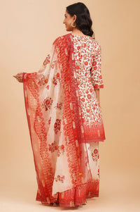Off White Floral Printed Sequins A-line Kurta with Palazzo and Dupatta Set