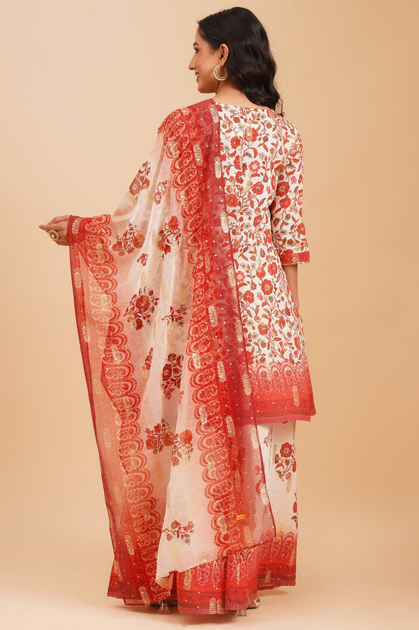 Off White Floral Printed Sequins A-line Kurta with Palazzo and Dupatta Set