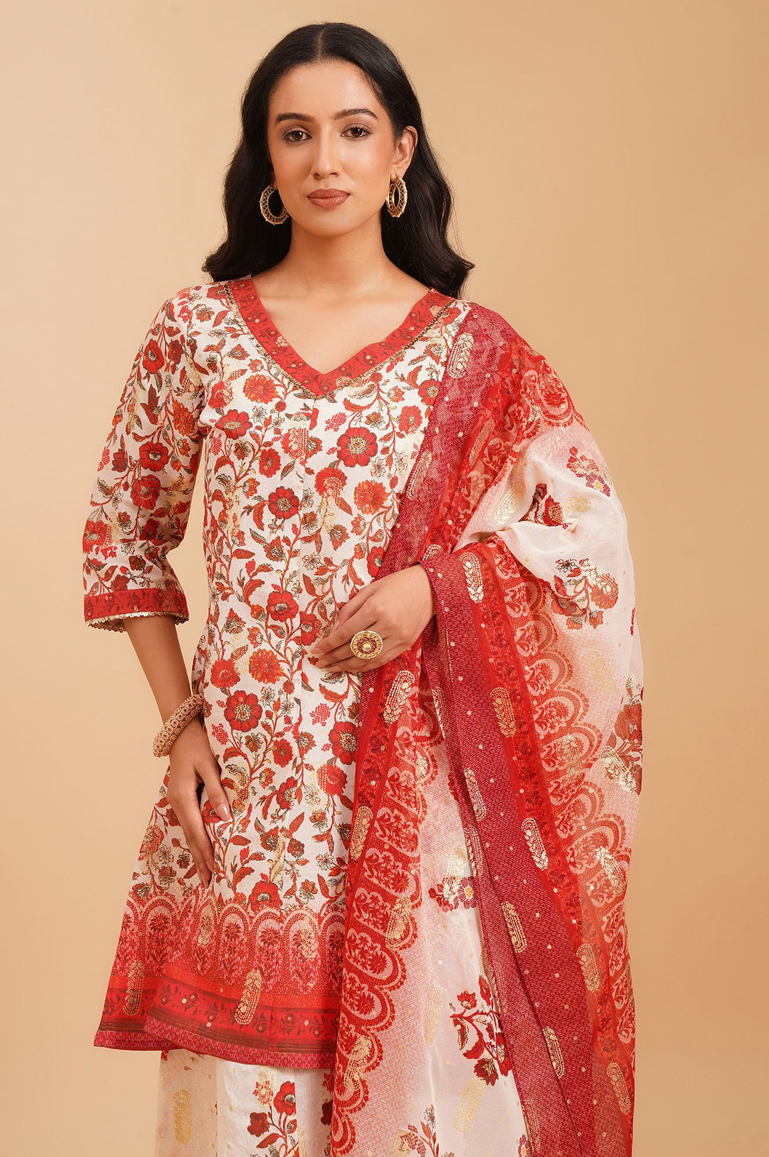 Off White Floral Printed Sequins A-line Kurta with Palazzo and Dupatta Set