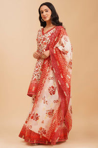 Off White Floral Printed Sequins A-line Kurta with Palazzo and Dupatta Set
