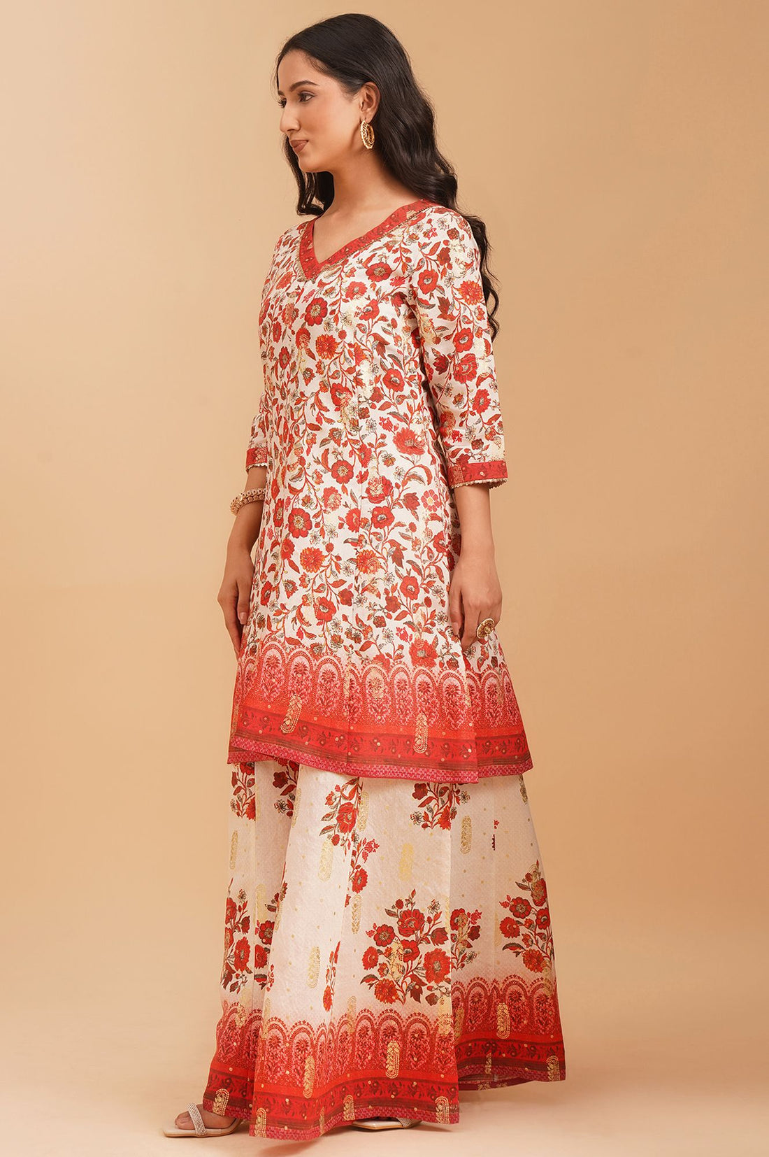 Off White Floral Printed Sequins A-line Kurta with Palazzo and Dupatta Set