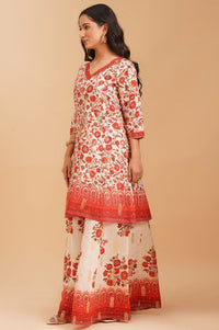 Off White Floral Printed Sequins A-line Kurta with Palazzo and Dupatta Set