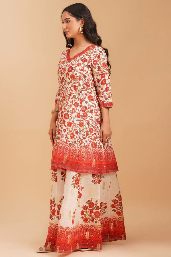 Off White Floral Printed Sequins A-line Kurta with Palazzo and Dupatta Set