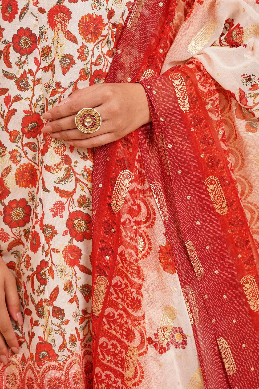 Off White Floral Printed Sequins A-line Kurta with Palazzo and Dupatta Set