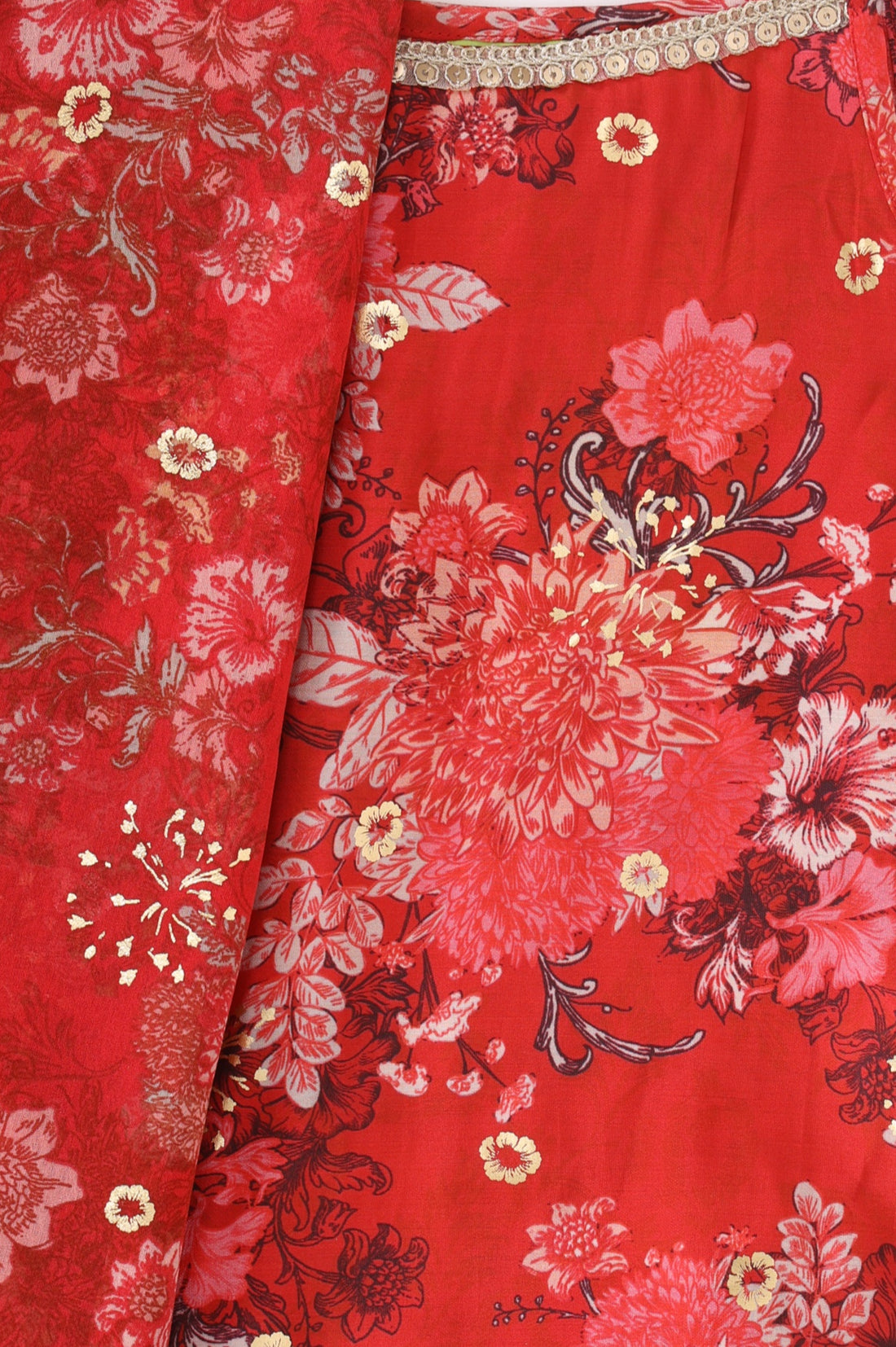 Red Floral Printed Sleeveless Straight Kurta with Palazzo and Dupatta Set