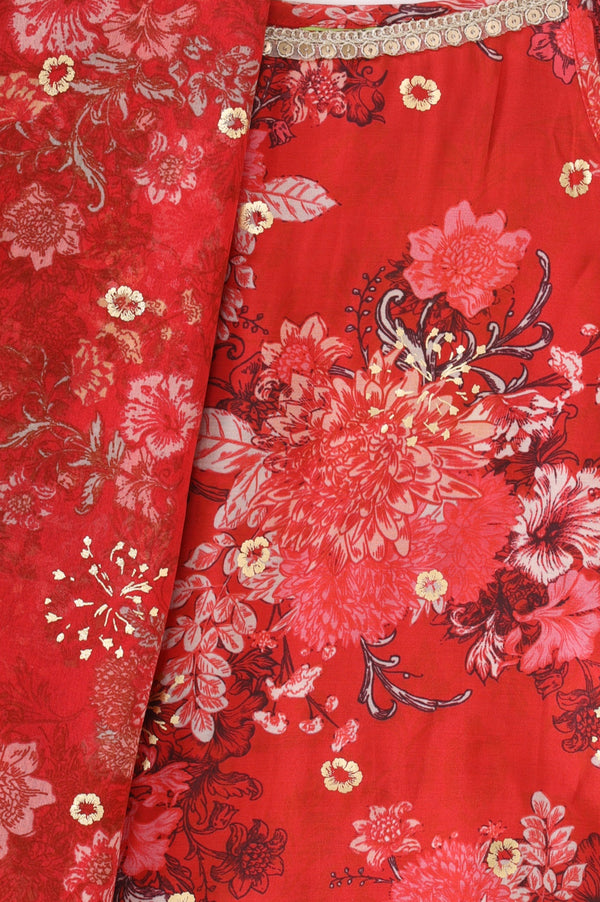 Red Floral Printed Sleeveless Straight Kurta with Palazzo and Dupatta Set