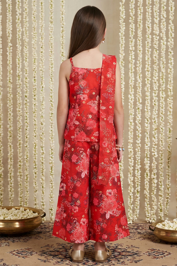 Red Floral Printed Sleeveless Straight Kurta with Palazzo and Dupatta Set