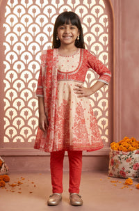 Off White Sequins Chanderi Flared Kurta with Tights and Dupatta Set
