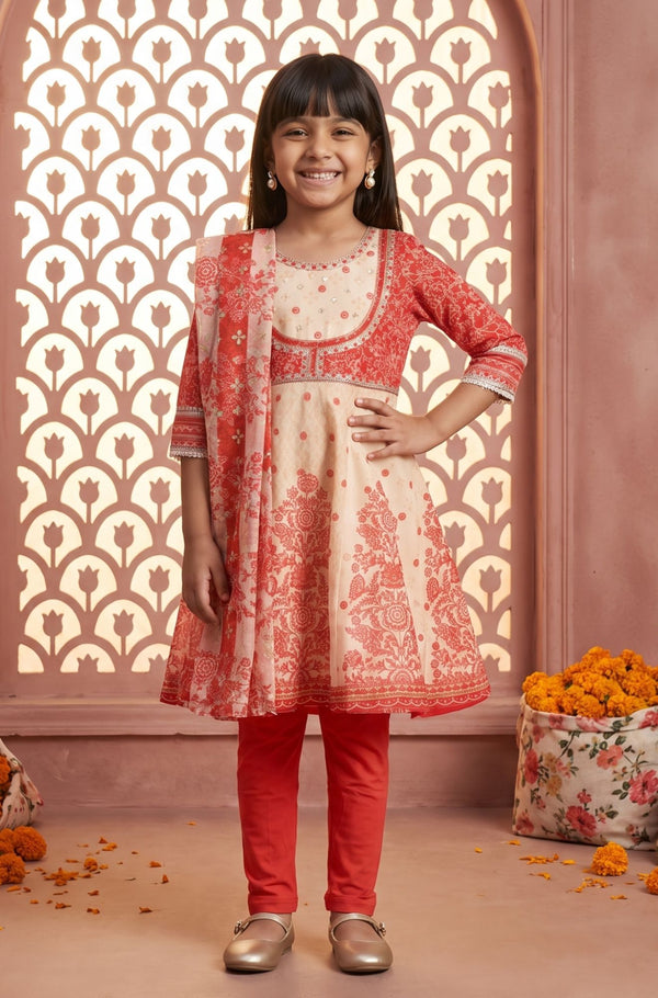 Off White Sequins Chanderi Flared Kurta with Tights and Dupatta Set