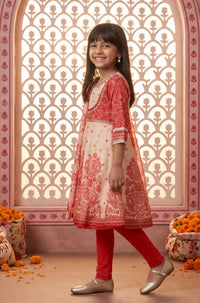 Off White Sequins Chanderi Flared Kurta with Tights and Dupatta Set