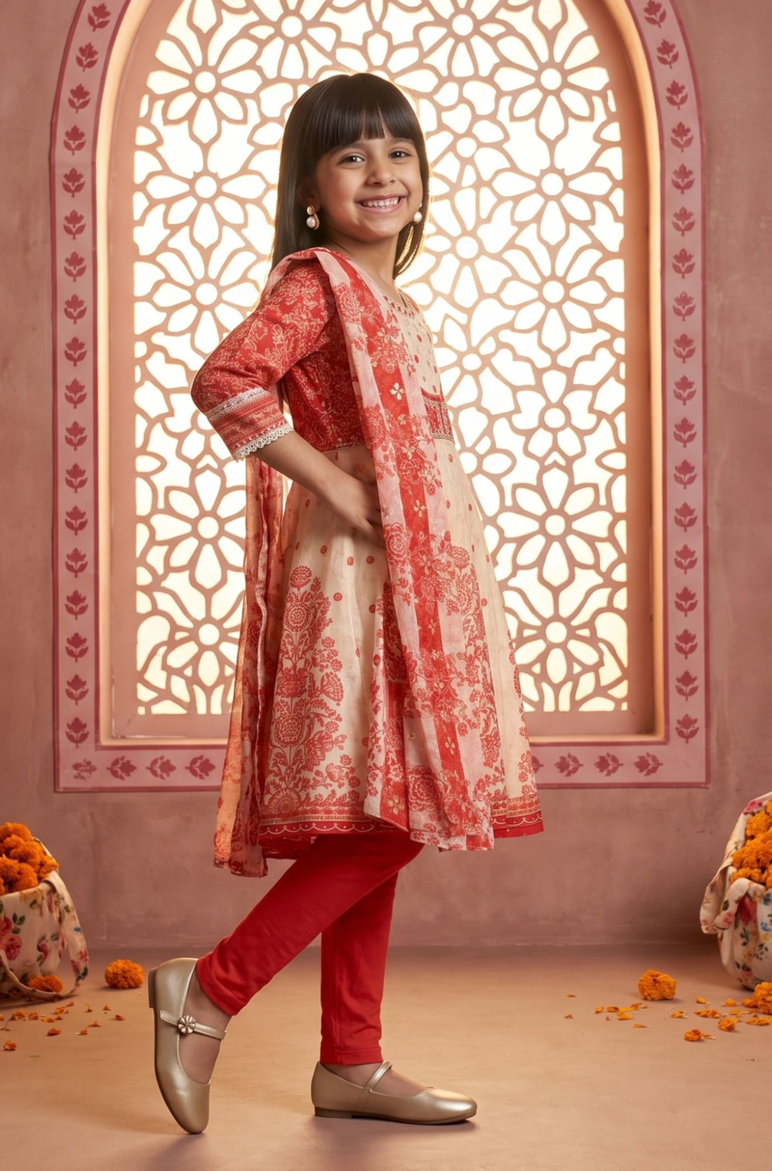 Off White Sequins Chanderi Flared Kurta with Tights and Dupatta Set