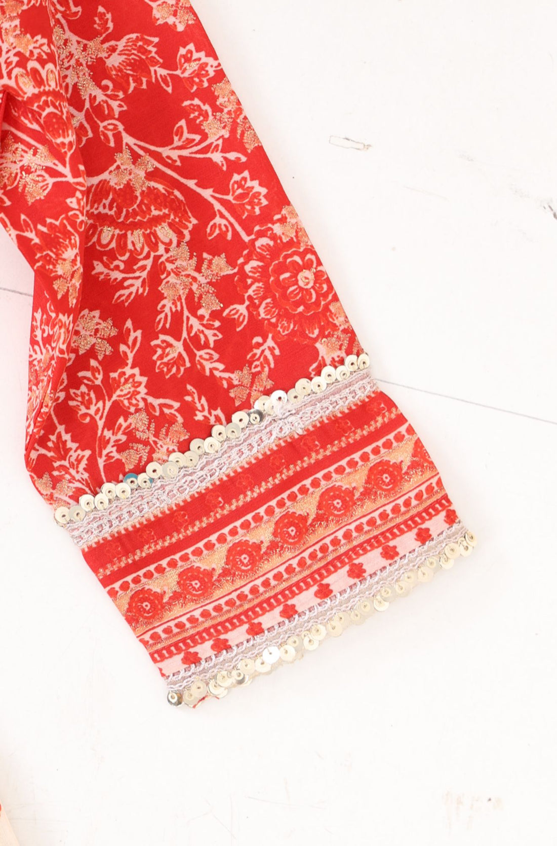 Off White Sequins Chanderi Flared Kurta with Tights and Dupatta Set