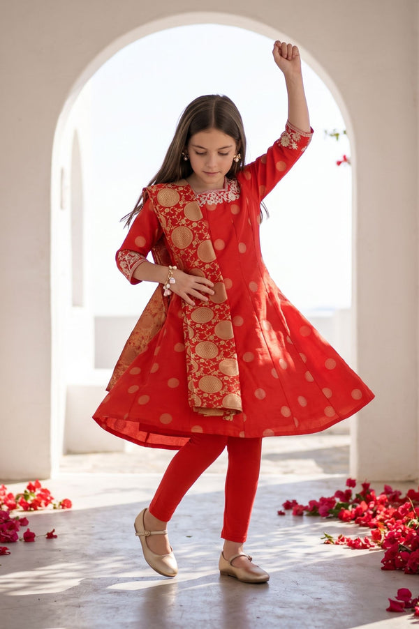 Red Yarn Dyed Zari Embroidered Chanderi Flared Kurta with Tights and Dupatta Set