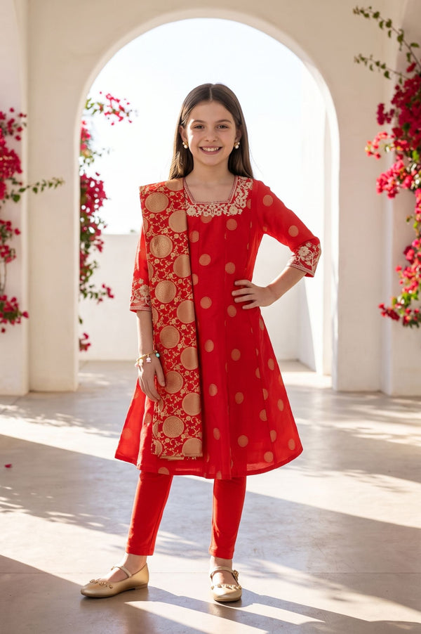 Red Yarn Dyed Zari Embroidered Chanderi Flared Kurta with Tights and Dupatta Set
