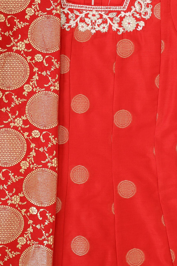 Red Yarn Dyed Zari Embroidered Chanderi Flared Kurta with Tights and Dupatta Set