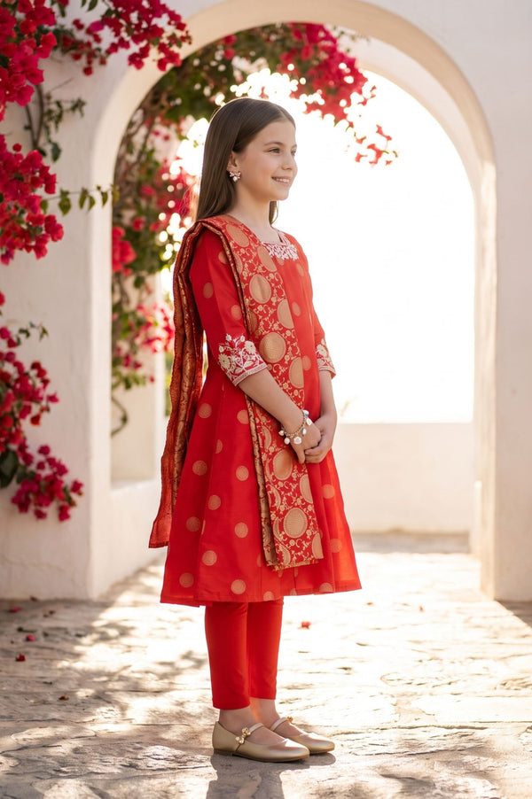 Red Yarn Dyed Zari Embroidered Chanderi Flared Kurta with Tights and Dupatta Set