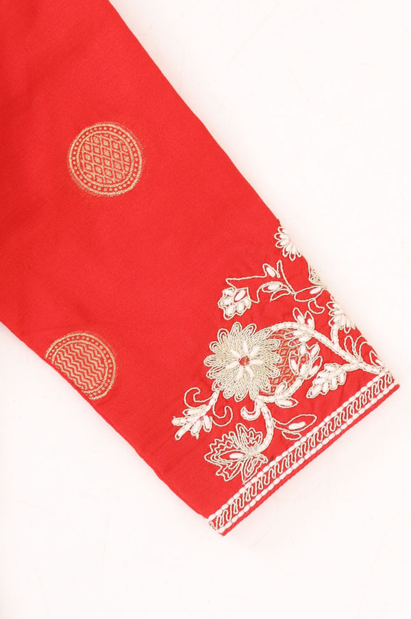 Red Yarn Dyed Zari Embroidered Chanderi Flared Kurta with Tights and Dupatta Set