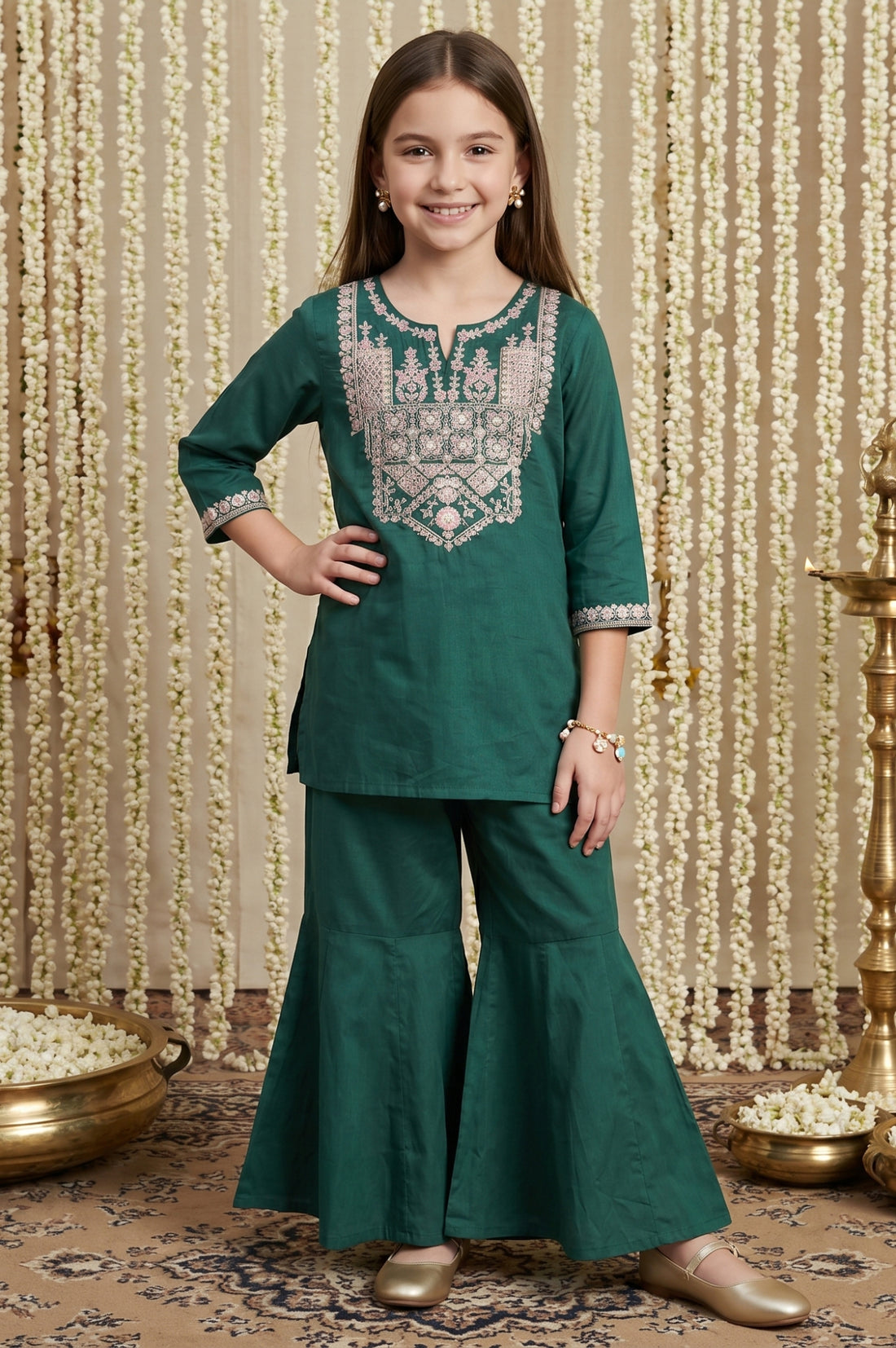 Dark Green Embroidered Straight Kurta with Trousers Set