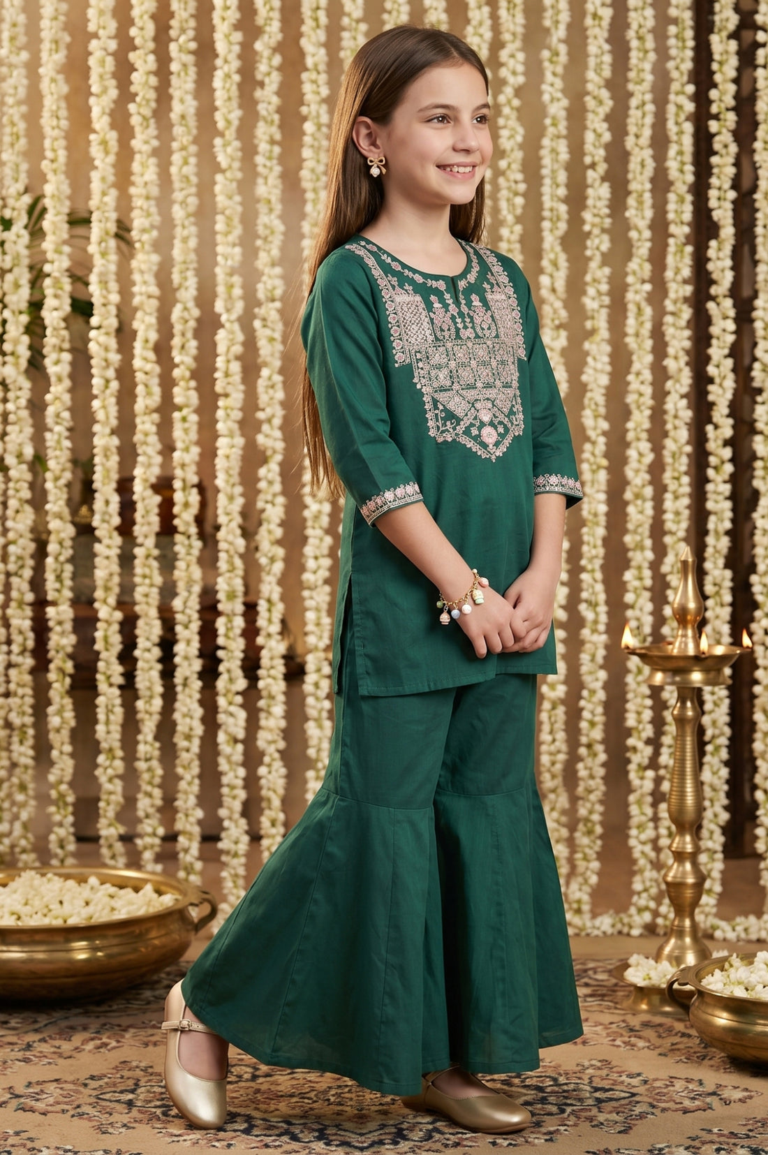 Dark Green Embroidered Straight Kurta with Trousers Set