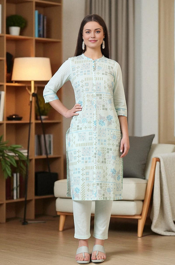 Light Blue Geometric Printed Cotton Blend Straight Kurta and Pants Co-ord Set