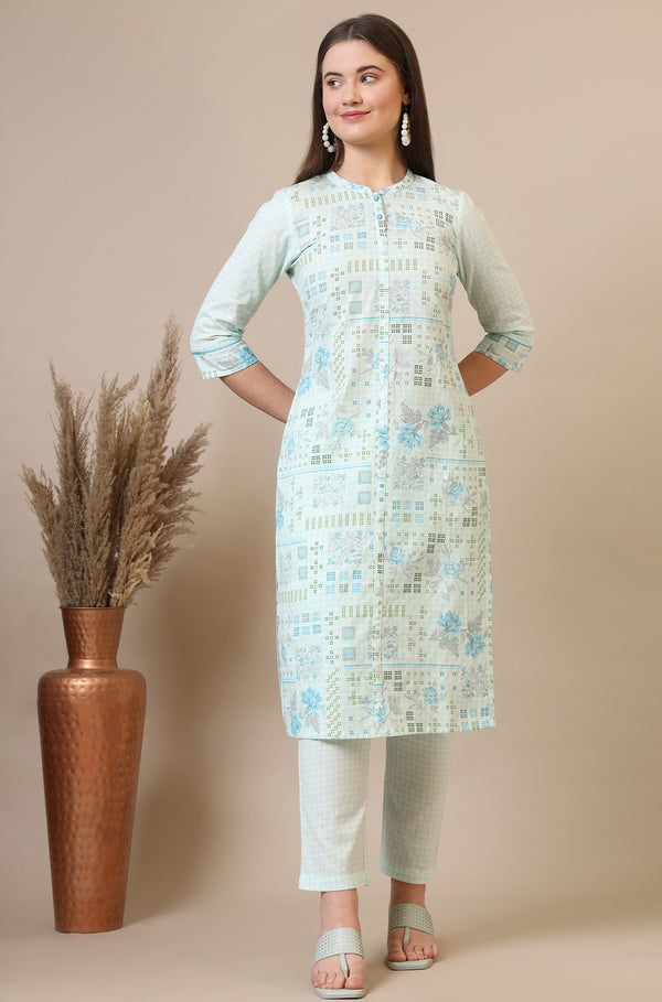 Light Blue Geometric Printed Cotton Blend Straight Kurta and Pants Co-ord Set