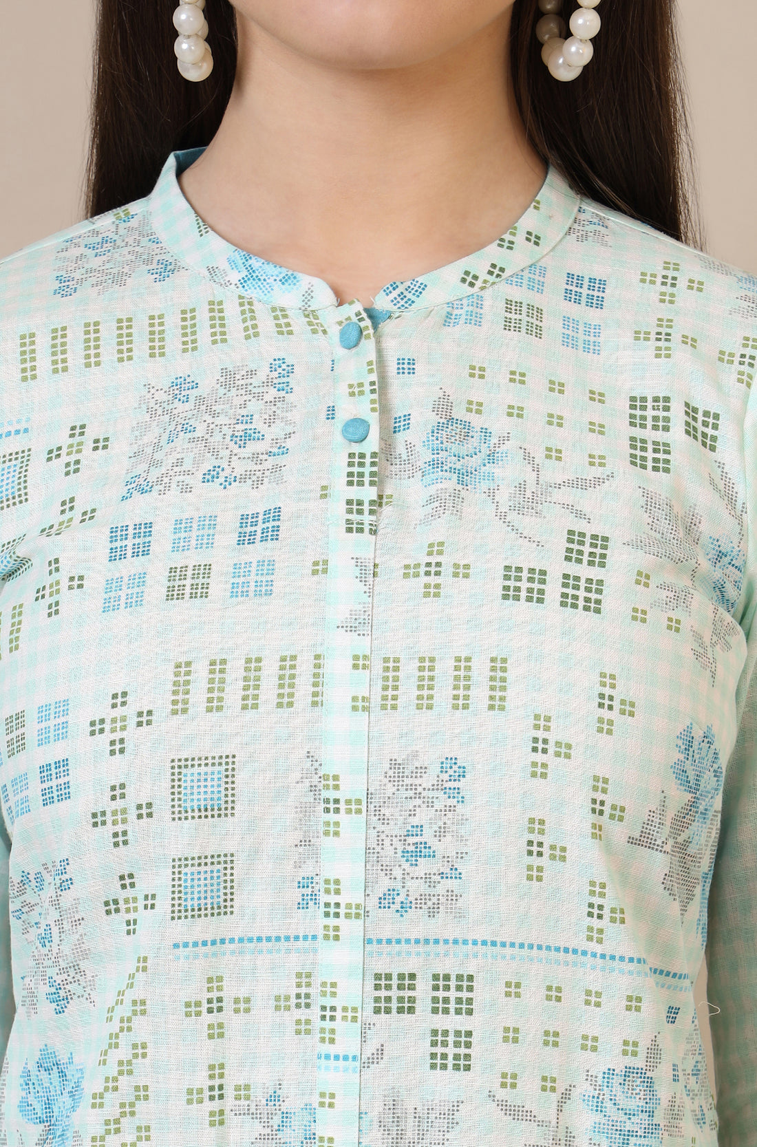 Light Blue Geometric Printed Cotton Blend Straight Kurta and Pants Co-ord Set