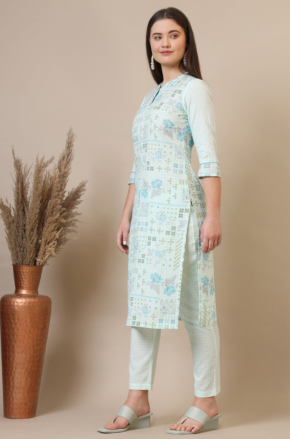 Light Blue Geometric Printed Cotton Blend Straight Kurta and Pants Co-ord Set