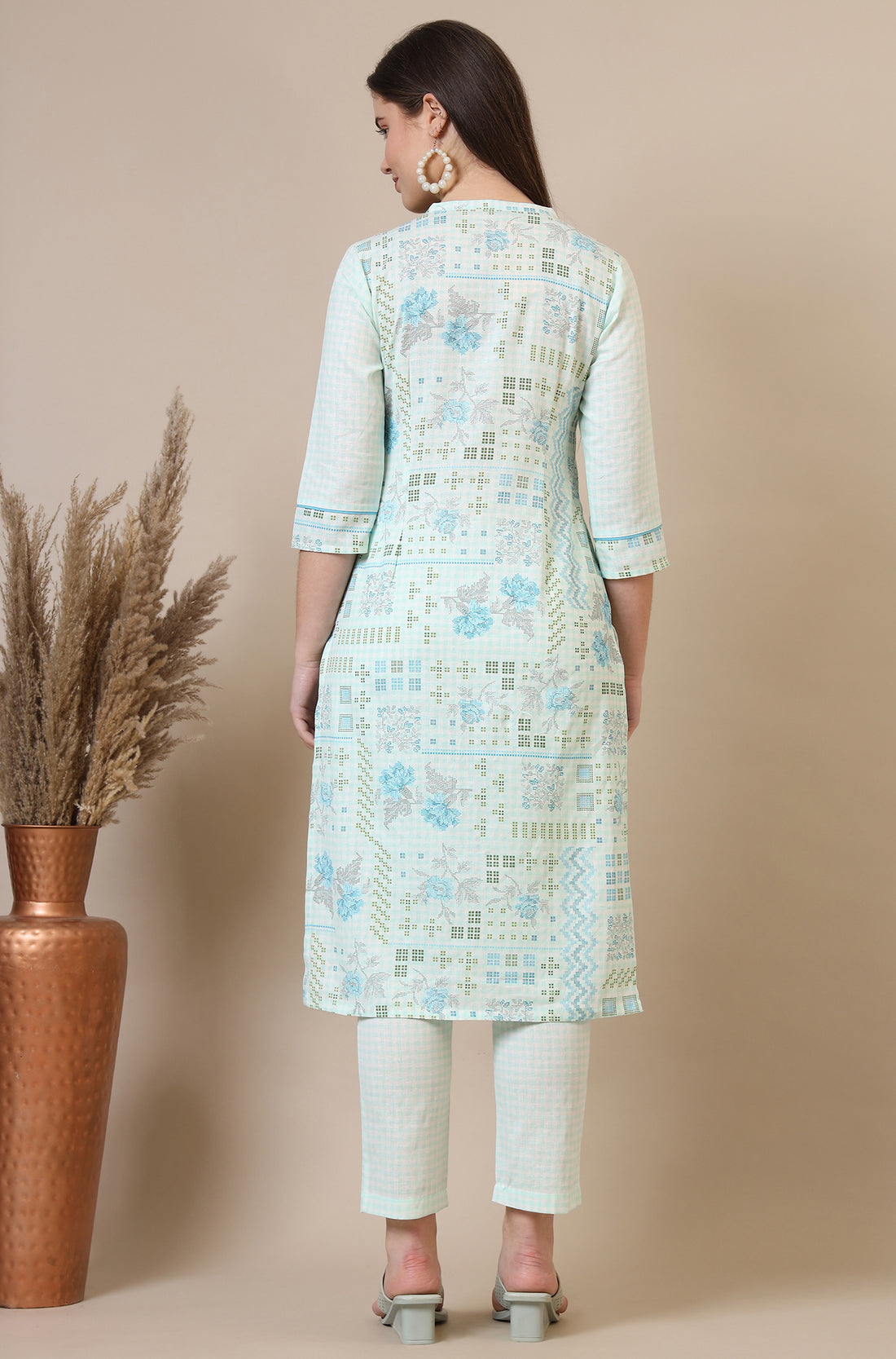 Light Blue Geometric Printed Cotton Blend Straight Kurta and Pants Co-ord Set
